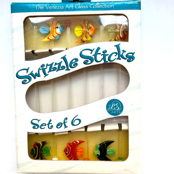 Venezia Art Glass Tropical Fish Swizzle Sticks 8”. Complete Set of 6 in Box - Picture 1 of 8